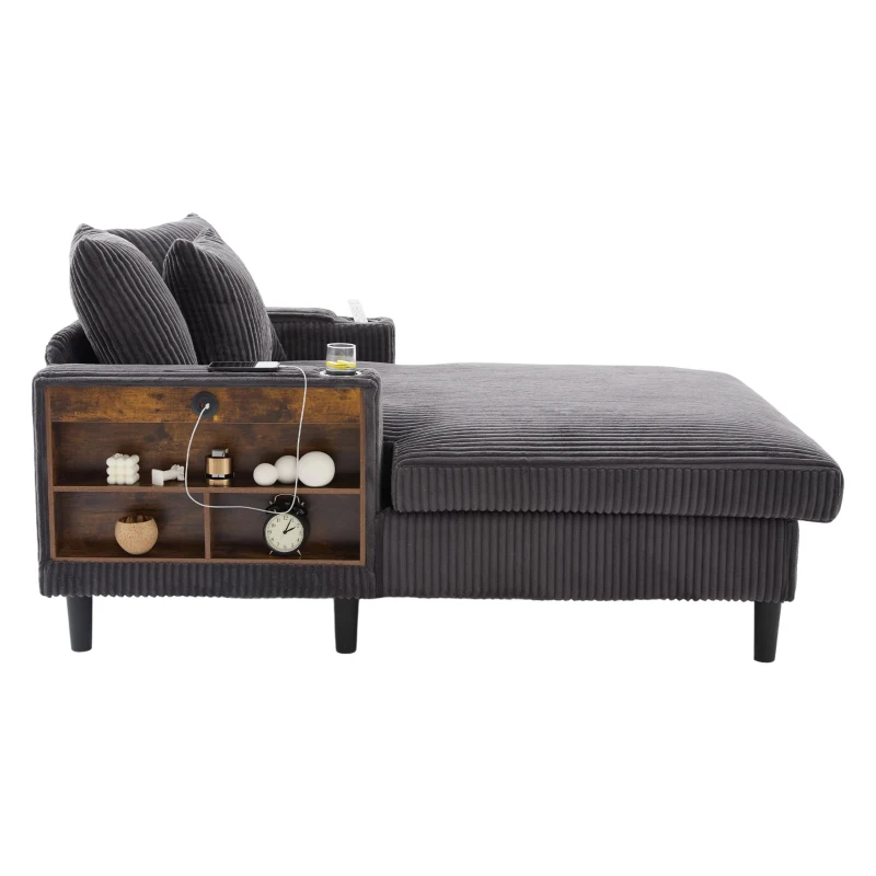 Chaise-longue multifuncional em veludo cotelê, porta-copos em ambos os lados e apoio de braço rebatível, 129x170x70 cm, Cinzento escuro