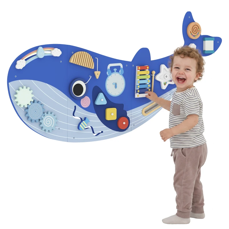 AIYAPLAY Montessori Motoriekbord 13-in-1 van Hout in Walvorm - Busy Board met Xylofoon, Klok en Tandwielen