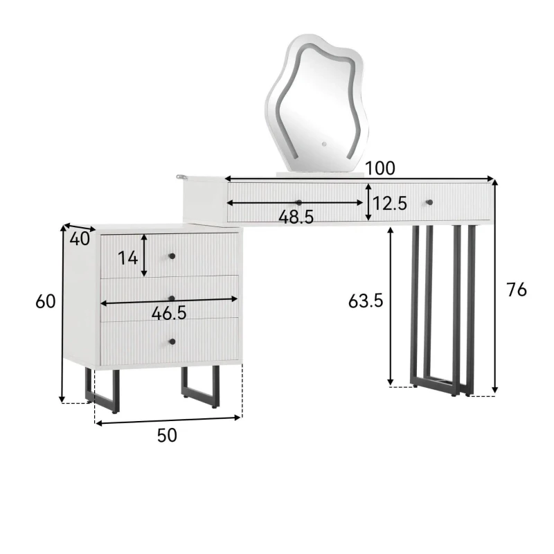 Penteadeira com iluminação LED regulável, espelho ajustável e tampo extensível, 100x40x76 cm, Branco