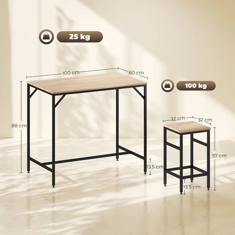 HOMCOM Set Masă de Bar cu Taburete din 5 Piese, Stil Industrial, PAL și Metal, 100 x 60 x 88 cm, Lemn Natural