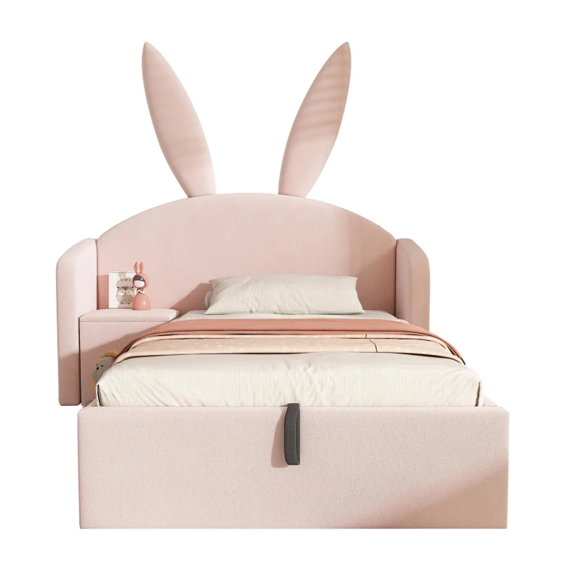 Letto contenitore con testiera con orecchie da coniglio e leva idraulica, 206x149x143 cm, Rosa