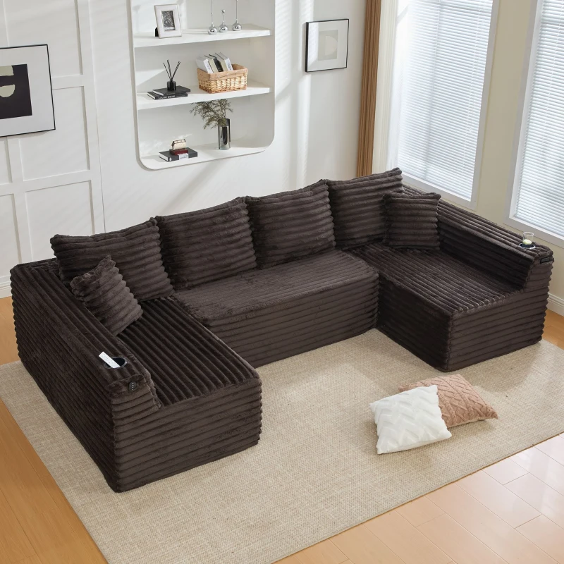 Divano a U in velluto a coste con portabicchieri integrato e tasca laterale, imbottitura a molle, 320x155x88 cm, Marrone