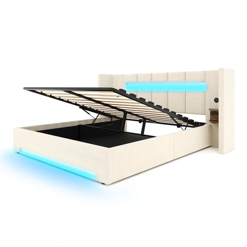 Struttura letto in velluto con striscia LED e comodini integrati, 225x212x103 cm, Beige