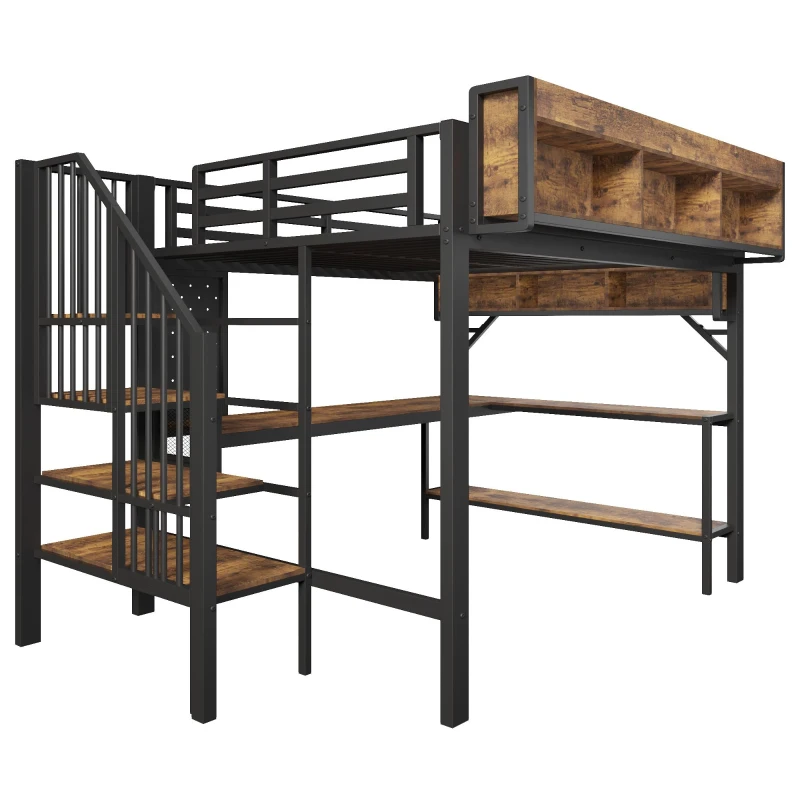 Cama alta 140x200 cm estilo vintage com secretária de canto, muito espaço de arrumação e chapa metálica‑perfurada, régua de tomadas integrada, 255x164x182 cm, Castanho+Preto