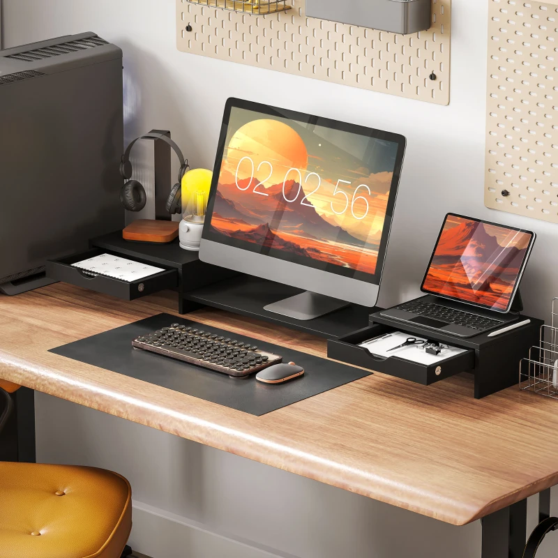 HOMCOM Elevador de monitor para mesa 60-116 cm com 2 gavetas, comprimento e ângulo ajustáveis