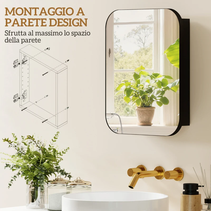 HOMCOM Armadietto con Specchio Contenitore a 2 Ripiani Regolabili, in Legno e Vetro, 40.2x10.2x50.9 cm, Nero