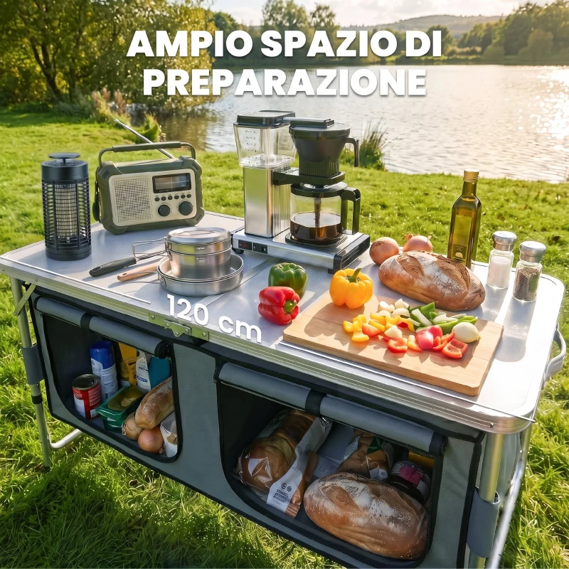 Outsunny Tavolino da Campeggio Picnic con Base per Cibi e Bevande Altezza Regolabile Pieghevole Alluminio, Legno 120x47x55/62/68cm