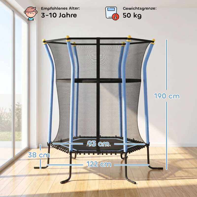 HOMCOM Trampolin für Kinder, 122 x 111 cm, mit Sicherheitsnetz, gepolstert, Stahl, belastbar bis 50 kg, Schwarz & Blau