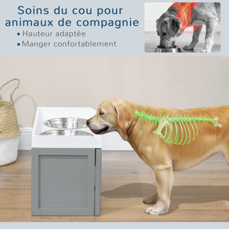 PawHut Gamelle double chien chat - porte-gamelles surélevé rangement 2 en 1 - tiroir, 2 gamelles - acier inox. MDF blanc gris
