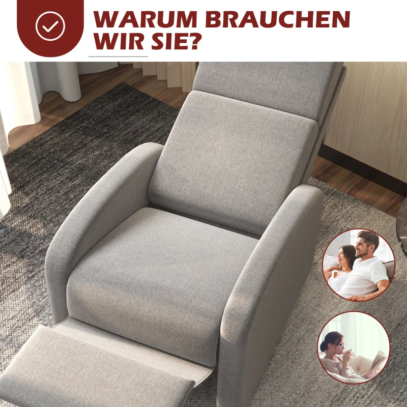 HOMCOM Relaxstoel TV-stoel, uitklapbare voetensteun, kantelbaar tot 160°, 64 x 86 x 102 cm, Grijs