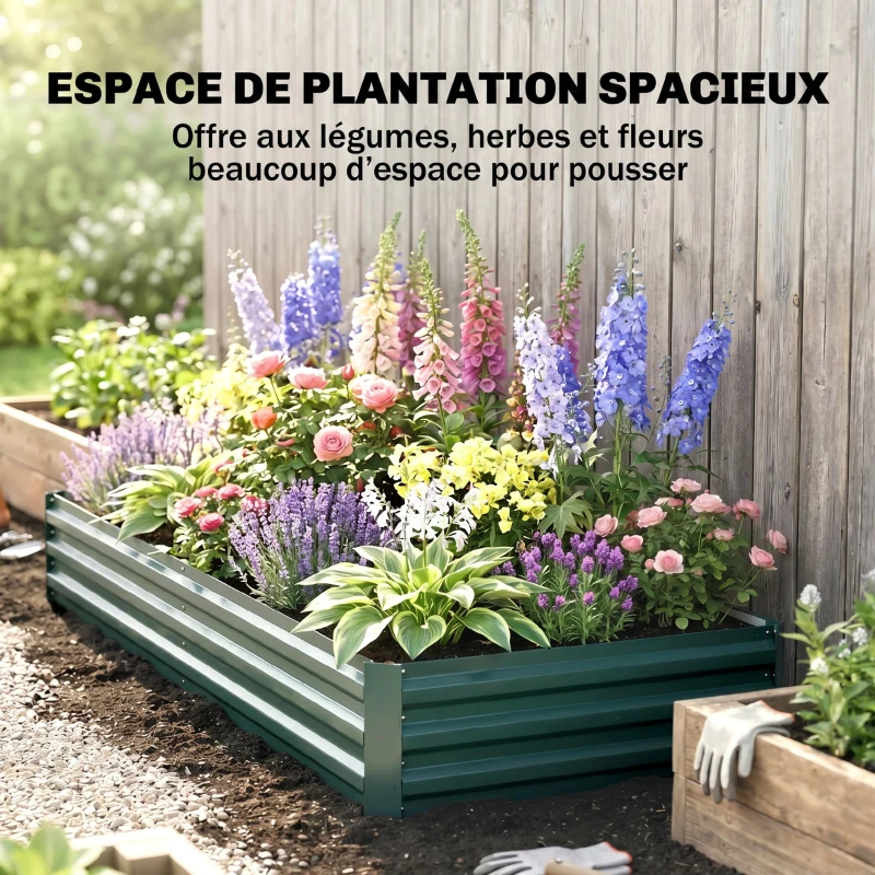 Outsunny Carré Potager en Métal Modulable - Potager Surélevé 241x90,5x30cm en Acier Galvanisé - Jardinière Extérieur Anti-Rouille pour Légumes et Fleurs, Vert Foncé