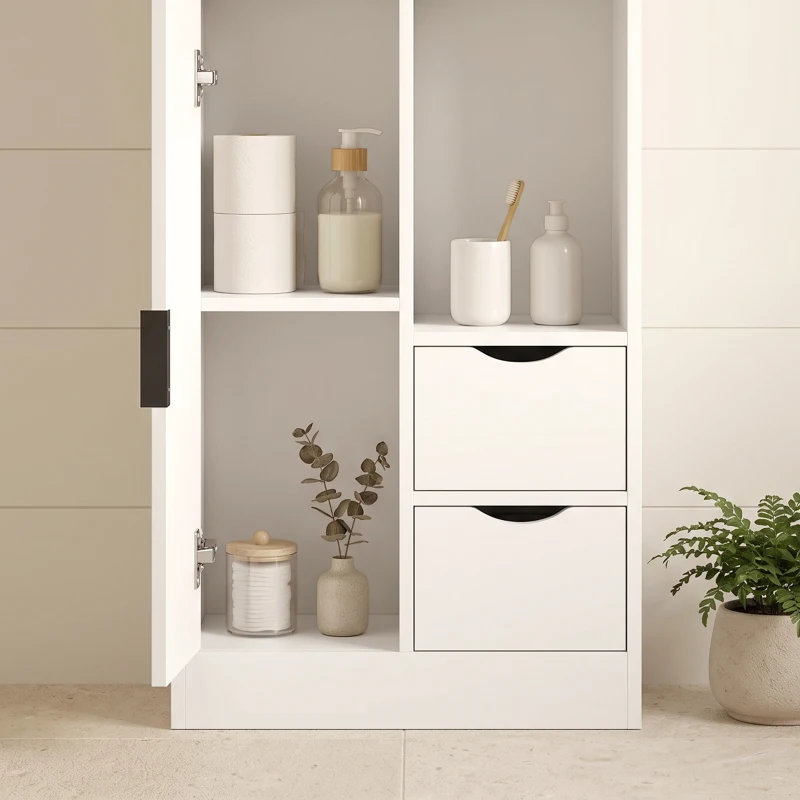 HOMCOM Armario de Baño con 2 Cajones Compartimento Abierto y Estantes Ajustables para Espacio Pequeño 50x25x100 cm Blanco