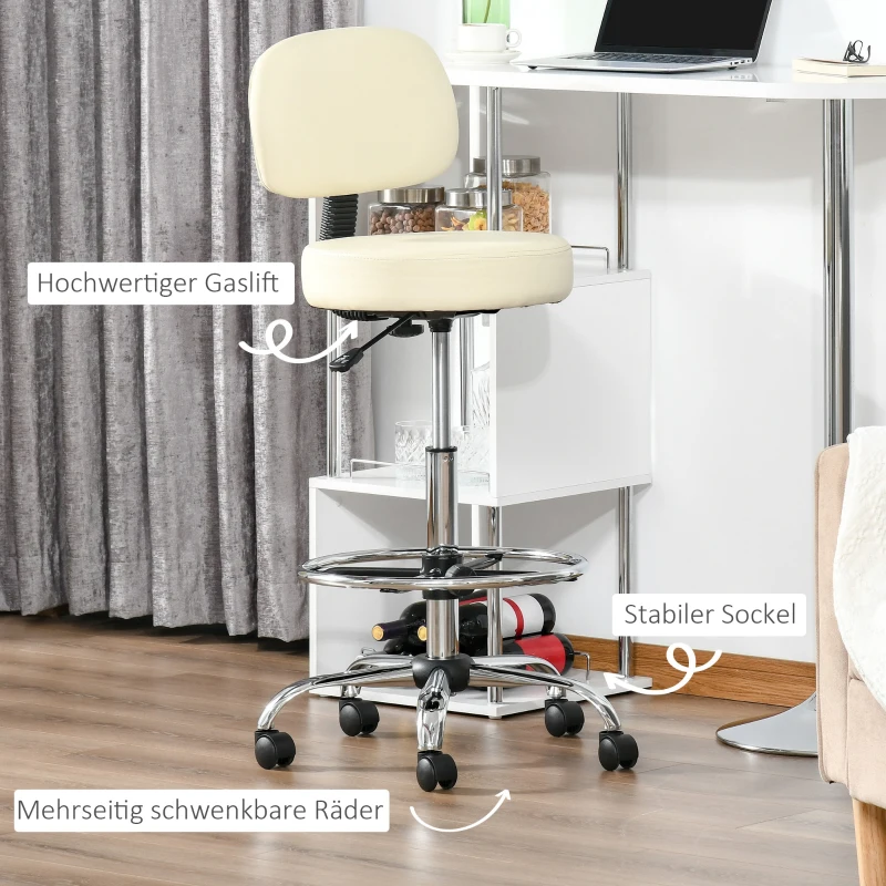 HOMCOM barkruk draaistoelen barstoel werkkruk kantoorkruk in hoogte verstelbaar 360° draaibaar met rugleuning gestoffeerde grote zitting voor beter zitcomfort PU beige 56 x 57 x 104-127 cm(m-6)