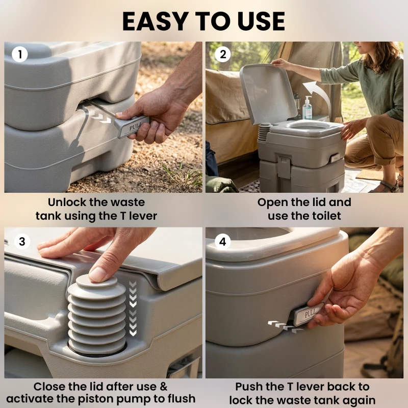 Outsunny Portable Camping Toilet, 20L Flushable Porta Potty Portaloo with 2 Detachable Tanks, Flush and Double Seal Valve for Outdoor Camping Hiking Travel Caravan