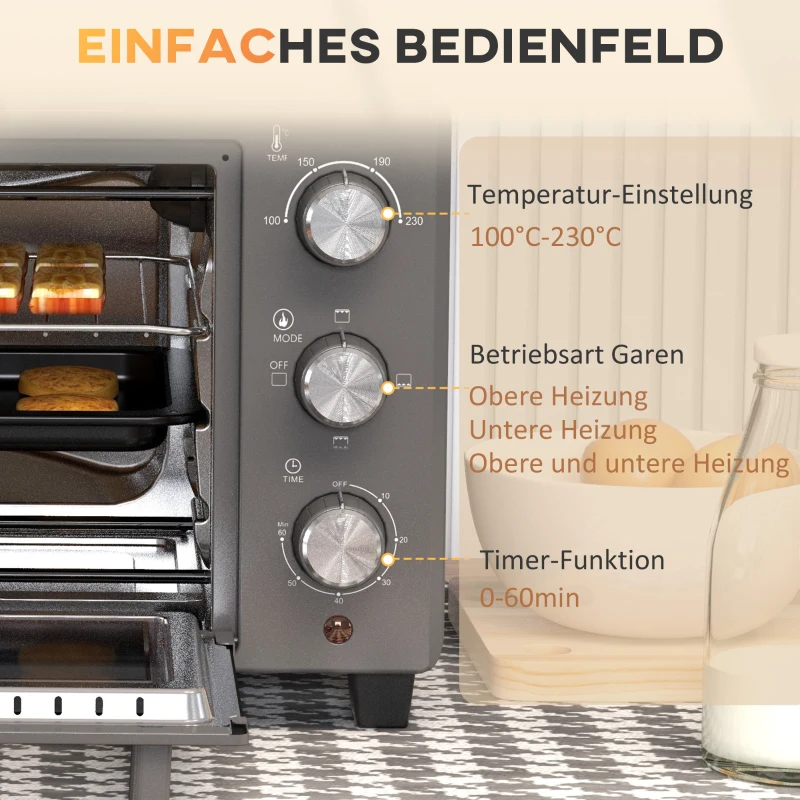 HOMCOM Minibakoven, 21 L Toasteroven met 1 draadrek en 1 bakplaat, 3 kookstanden, 100 °C-230 °C, roestvrij staal, glas, grijs(m-7)