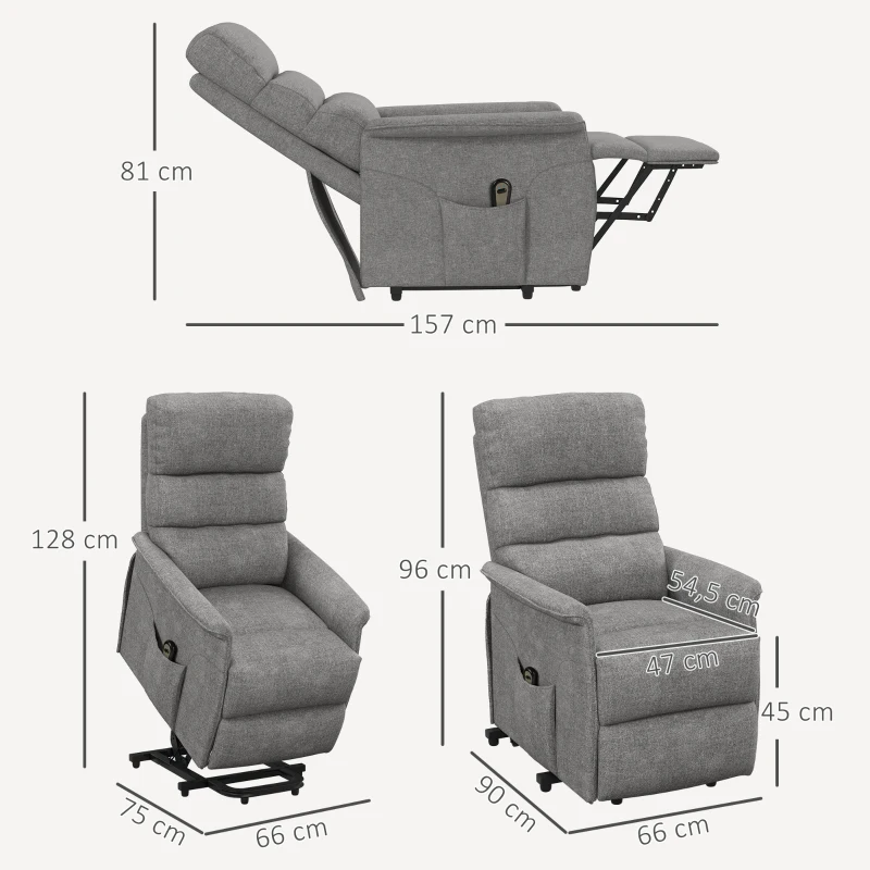 HOMCOM Relaxfauteuil met Elektrische Opstaanondersteuning, Verstelbare Rugleuning/Voetensteun, tot 120 kg, 66x90x96 cm, Grijs(m-3)