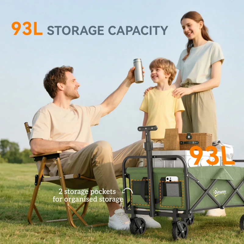 Outsunny 93L Festival Trolley on Wheels, Garden Folding Trolley Cart, 120kg Heavy Duty Collapsible Folding Wagon with Adjustable Handle and Carrying Bag for Beach, Camping, Festival, Green