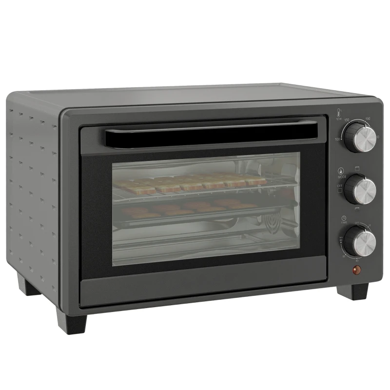 HOMCOM Minibakoven, 21 L Toasteroven met 1 draadrek en 1 bakplaat, 3 kookstanden, 100 °C-230 °C, roestvrij staal, glas, grijs(m-11)