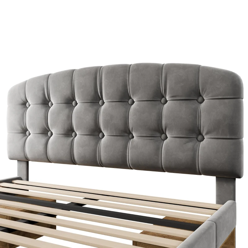 Cama de casal 140x200 estofada com estrado de ripas, cabeceira curva regulável em 3 alturas, sem colchão, 207x151x120 cm, Cinzento