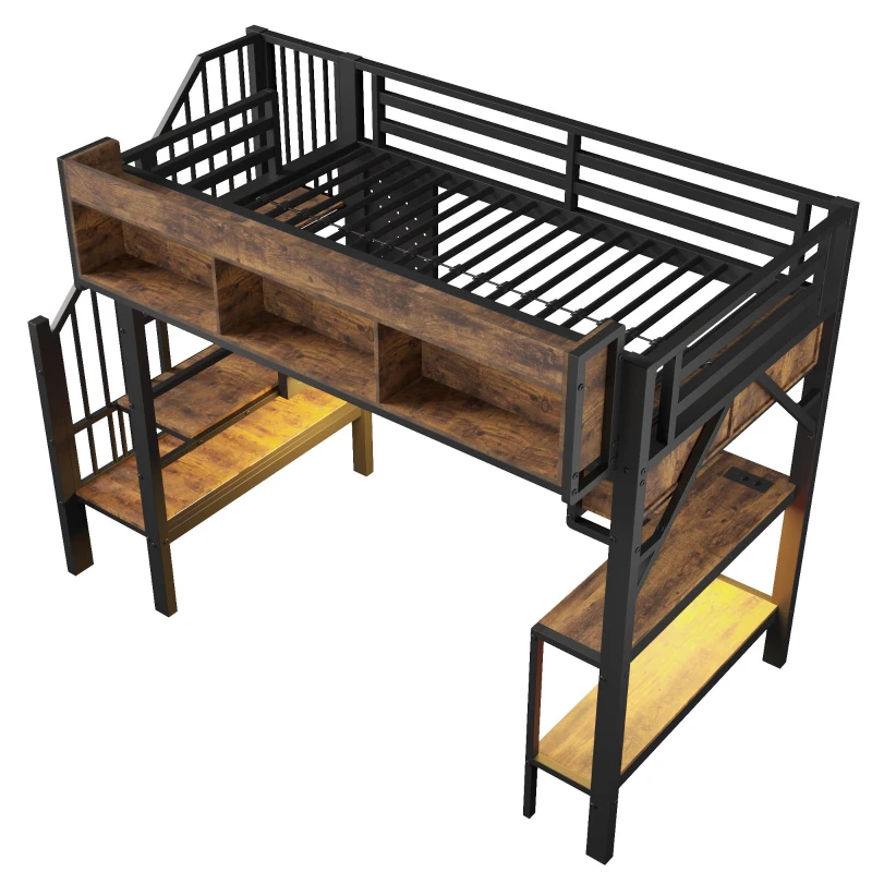 Letto a soppalco 90x200 cm con scrivania angolare, spazio contenitore e ciabatta integrata, 255x114x182 cm, Marrone e Nero