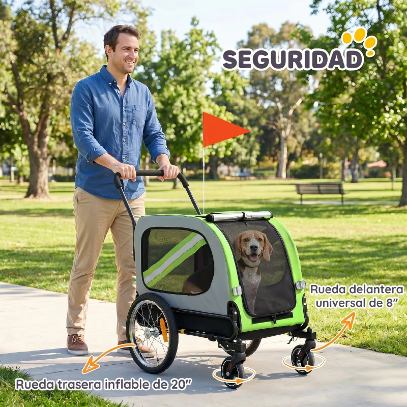 PawHut Remolque de Bicicleta para Perros 2 en 1 Carrito para Mascotas Plegable con Cinturón de Seguridad Reflectores Verde