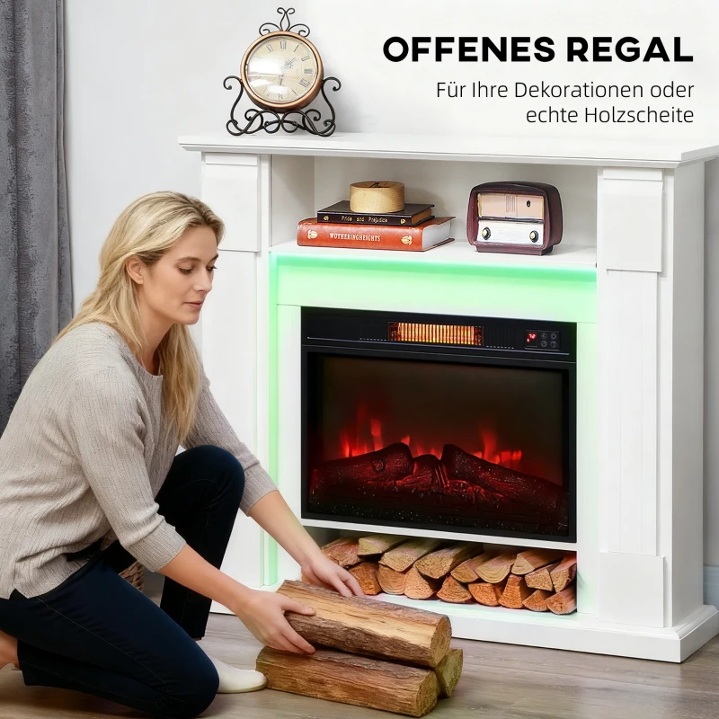 HOMCOM Elektrischer Kamin mit LED-Lichtern, realistischer Flammen-Effekt, 1800W, Kaminsims, 2 Fernbedienungen, Glas, Weiß