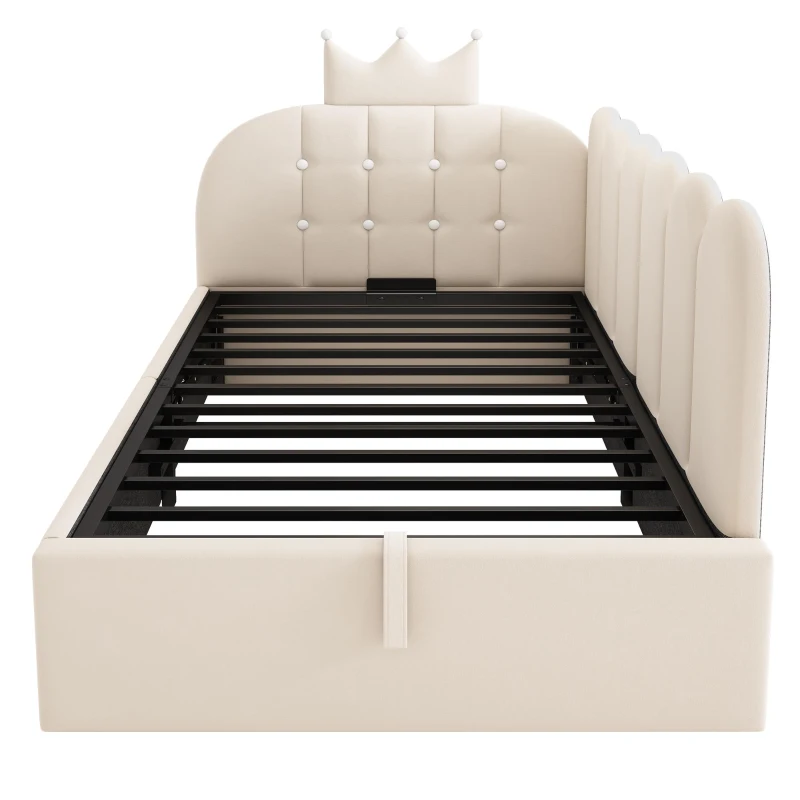 Letto singolo a L imbottito con spazio contenitore inferiore, 199x96x96 cm, Beige