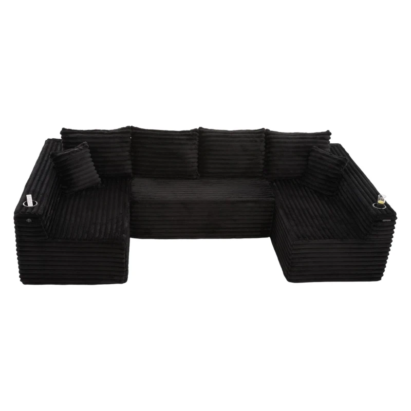 Divano a U in velluto a coste con portabicchieri integrato e tasca laterale, imbottitura a molle, 320x155x88 cm, Nero