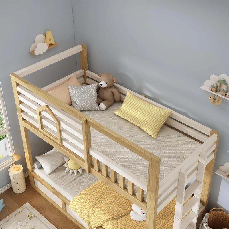 Letto a castello per bambini in stile casetta con 2 materassi 90x200 cm, 210x102x184 cm, color legno