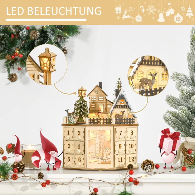 HOMCOM kerst adventskalender met 24 lades kerstkalender met LED verlichting adventskalender box MDF plaat naturel hout 25 x 20 x 29 cm