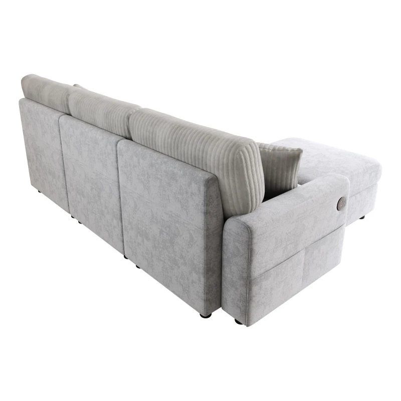 Divano moderno con pouf poggiapiedi, ricarica laterale doppia e 2 cuscini quadrati, 223x146x84 cm, Grigio