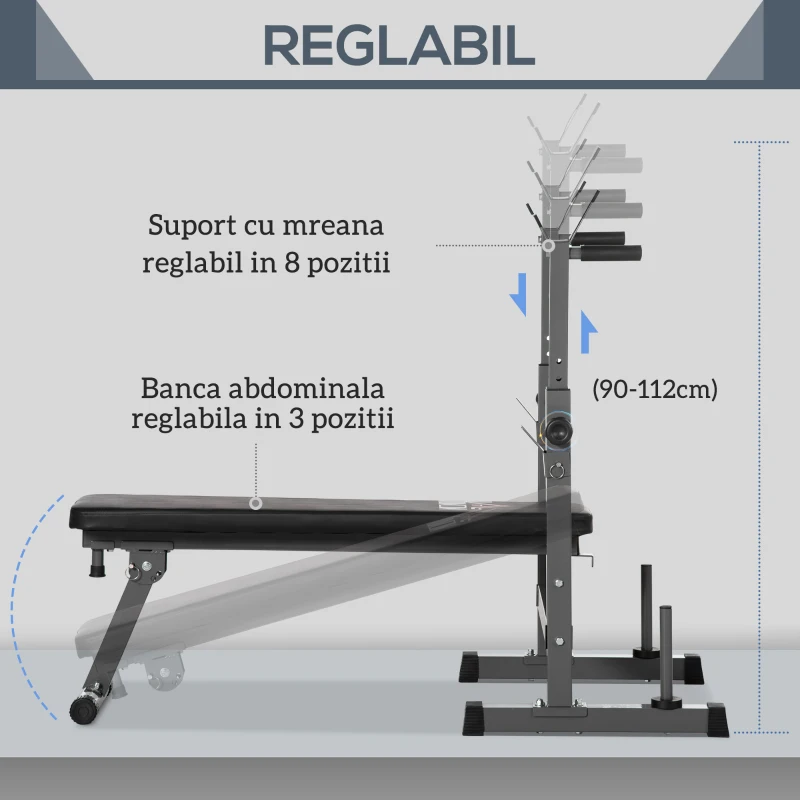 HOMCOM Bancă pentru Greutăți Pliabilă cu 8 Înălțimi Reglabile și Suport pentru Halteră din Oțel și PU, 140x73x98-122 cm, Gri