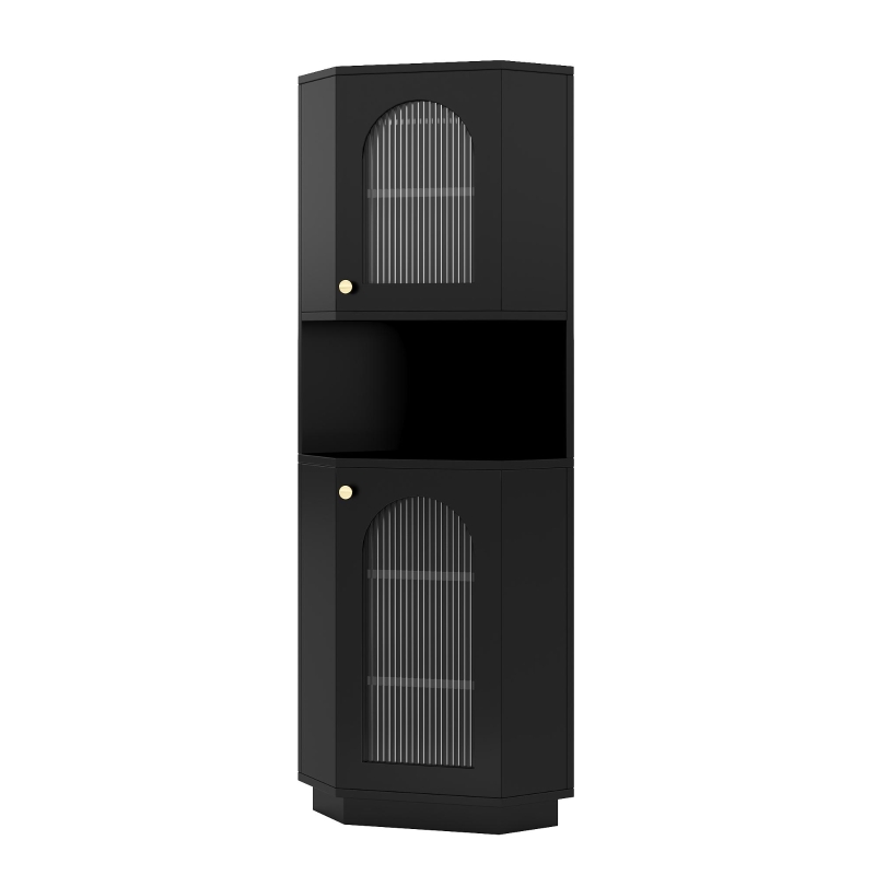 Armadio da bagno angolare salvaspazio con striscia LED luminosa, 45x45x166,5 cm, Nero