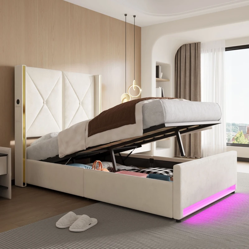 Letto singolo in velluto con testiera imbottita e trapuntata e tasche laterali, 100x213x141 cm, Beige