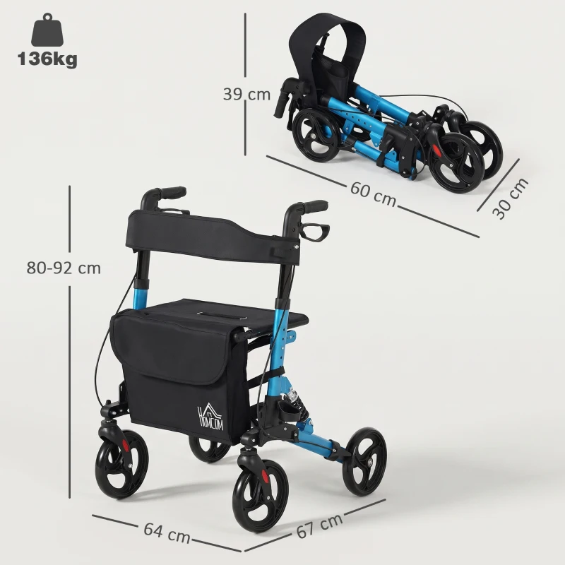 HOMCOM Andarilho Idosos Dobrável de Alumínio com Altura Ajustável Travão e Bolsa de Transporte 66x65x80-93 cm Preto e Azul