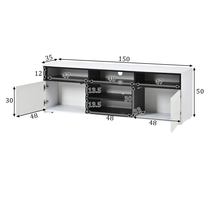 Mobile TV LED 65 pollici max salvaspazio con finitura laccata lucida, 150x35x50 cm, Bianco