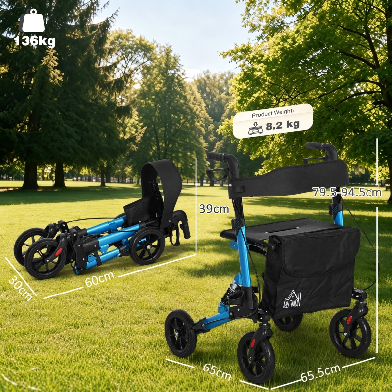 HOMCOM Folding Rollator Walker with Seat, Backrest, Lightweight Walking Frame with Storage Bag, Dual Brakes, Adjustable Handle Height, Suspension System, 4 Wheeled Walker for Seniors, Blue