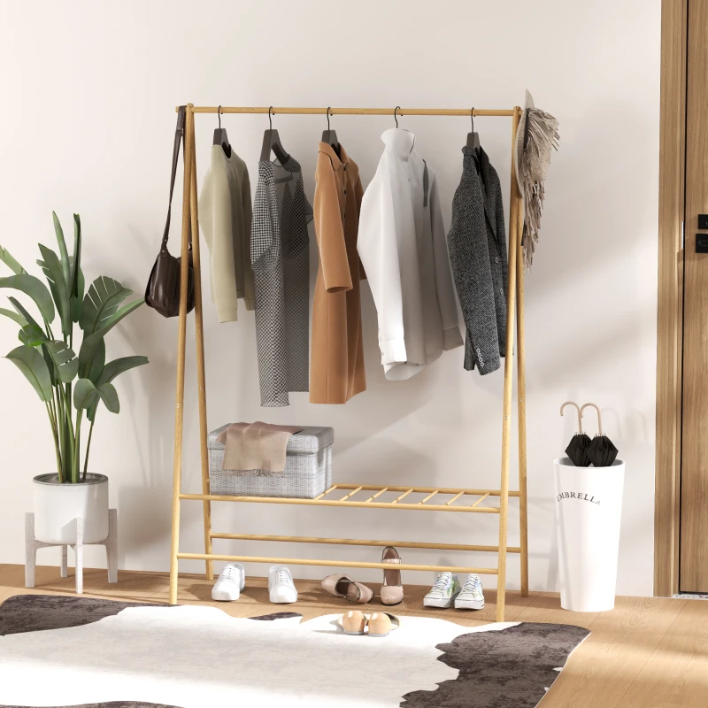 HOMCOM Bamboe Kledingrek met Schoenenrek en Haken, Vrijstaand, voor Entree, Slaapkamer, Natuurlijk Hout