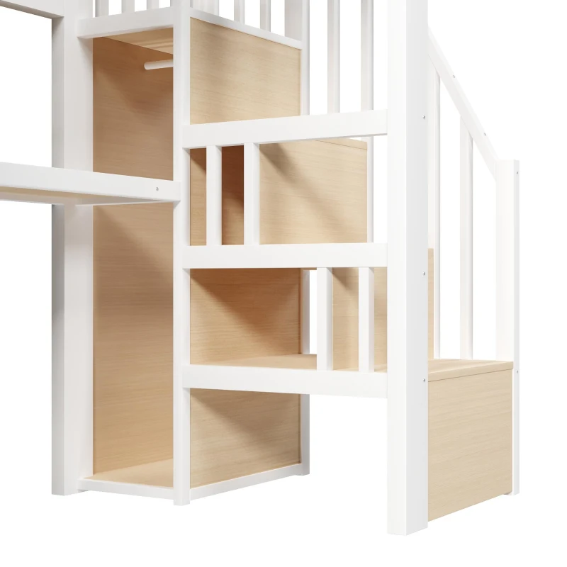 Letto a soppalco con ripiani portaoggetti e scala contenitore, 251x96x170 cm, Bianco