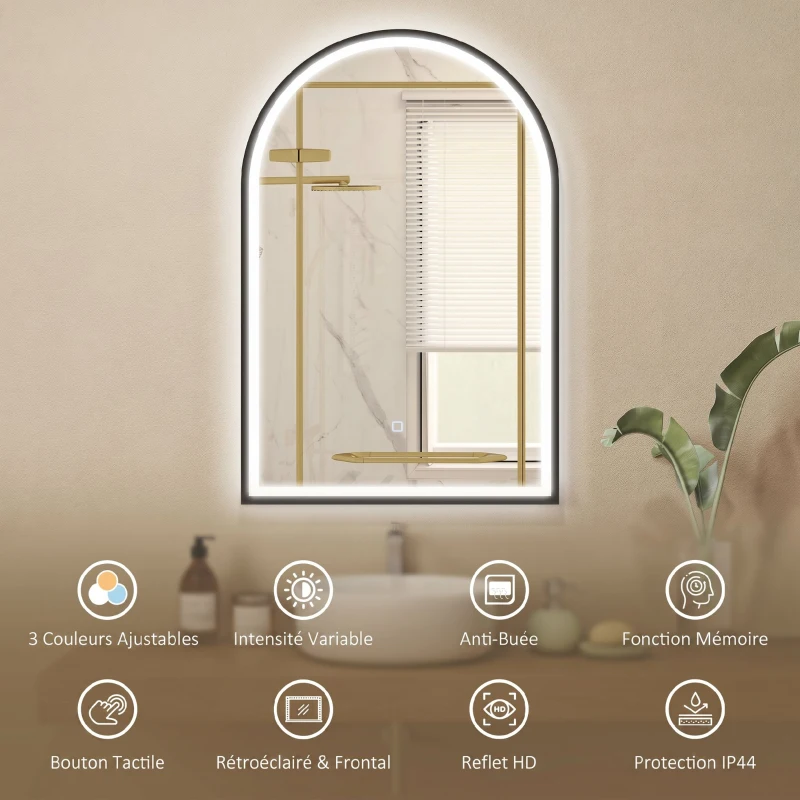HOMCOM Miroir Salle de Bain avec Éclairage 60 x 90 cm, Miroir LED Arqué, Anti-Buée, 3 Couleurs Lumière, Dimmable, Mémoire, Noir