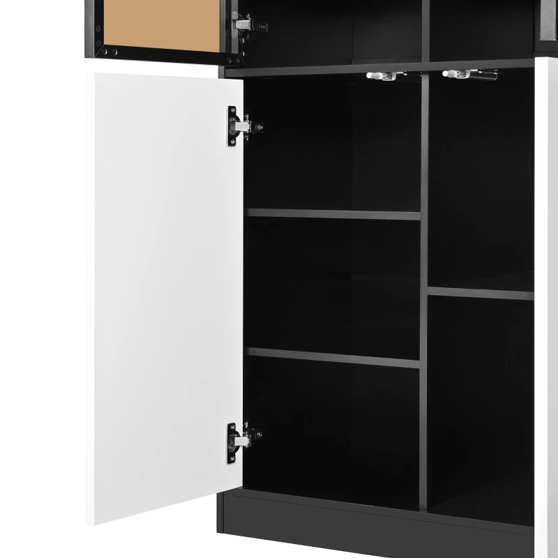 Credenza da cucina con illuminazione LED, 3 ante in vetro, 3 ante bianche e 14 ripiani, 100x40x105 cm, Bianco