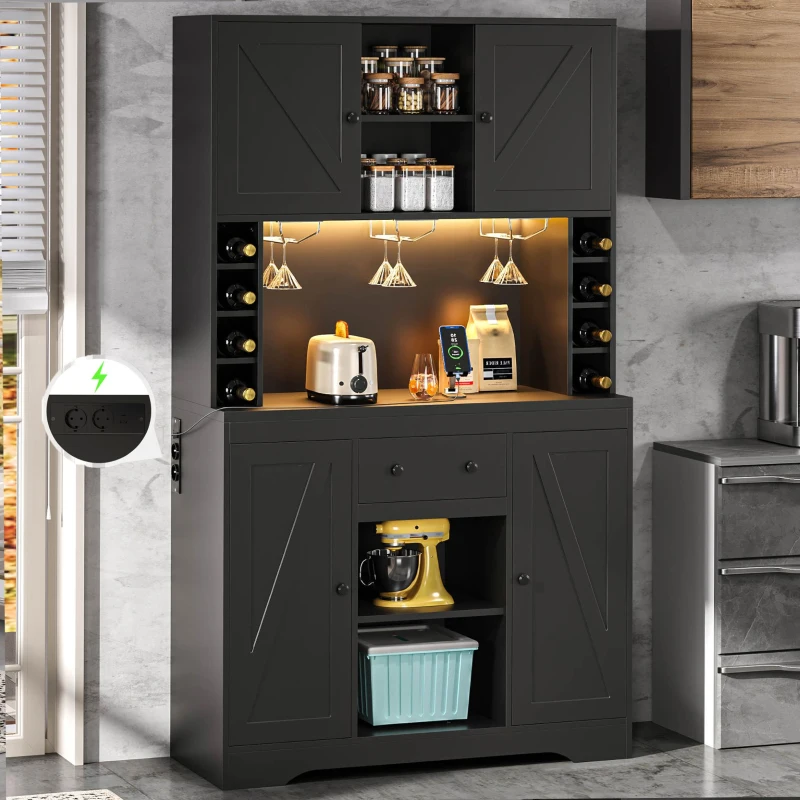 Armario alto de cocina con función de vinoteca, tira LED, baldas regulables, 105x40x180 cm, Negro