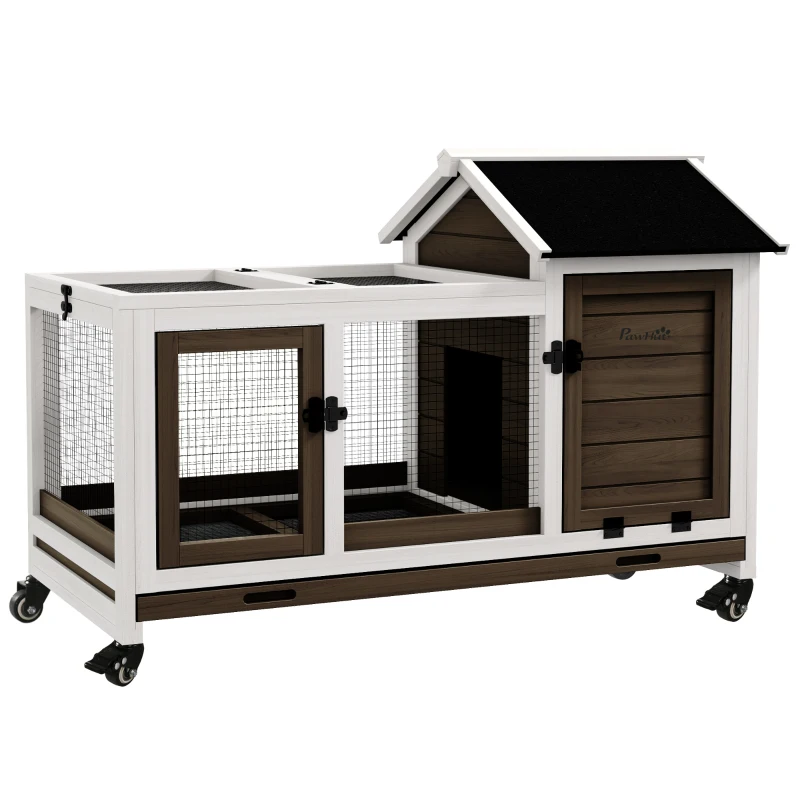 PawHut Kleindiershok voor dwergkonijnen, cavia's, met wielen, 108 x 58 x 73,5 cm, koffie(m-11)
