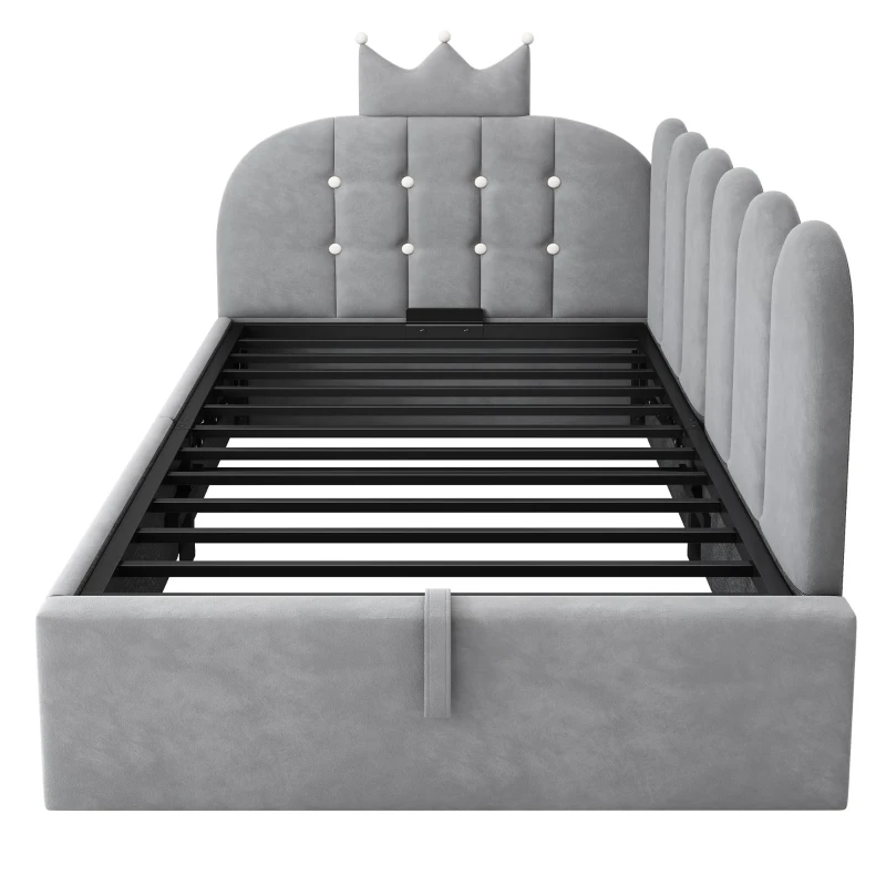 Cama de día tapizada 90x190 cm, almacenamiento hidráulico, forma en L reversible, sin colchón, 199x96x96 cm, Gris