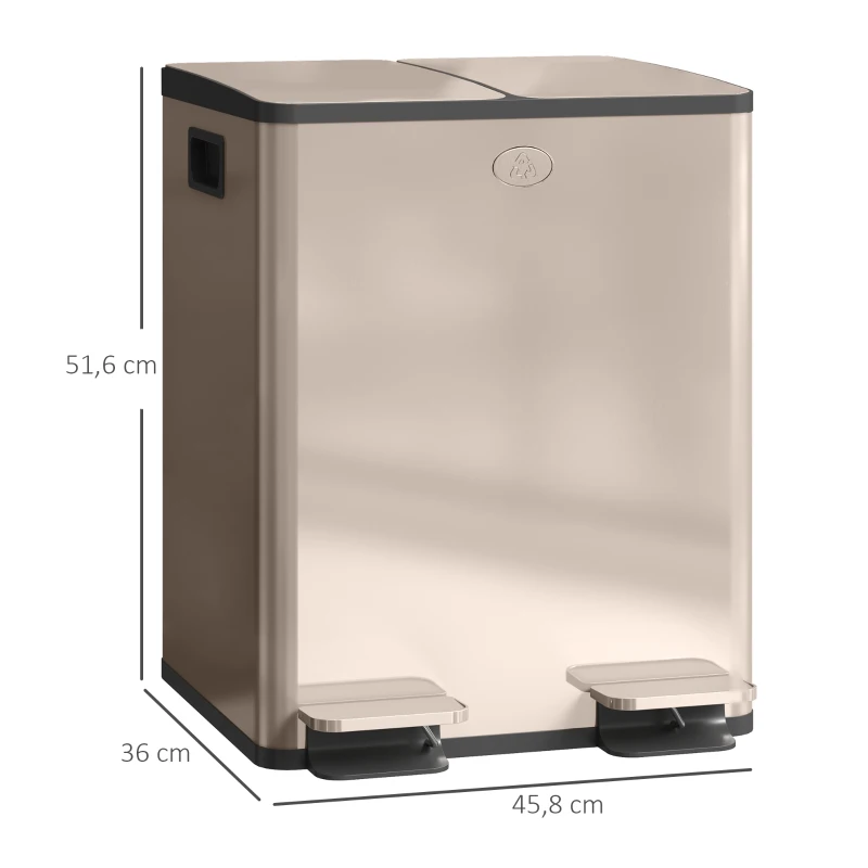 HOMCOM Poubelle de cuisine 2 compartiments de 2 x 20L, acier inoxydable, couvercle à fermeture douce, 45,8x36x51,6cm, or