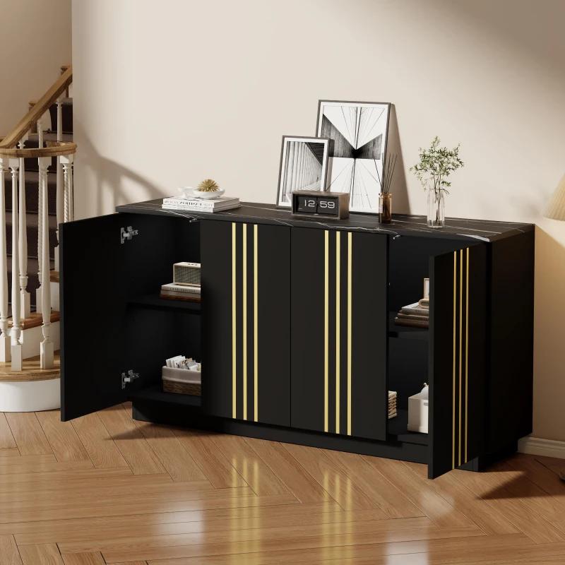 Aparador para sala de estar com 4 portas, elegantes frisos dourados, independente, 35x140x70 cm, Preto