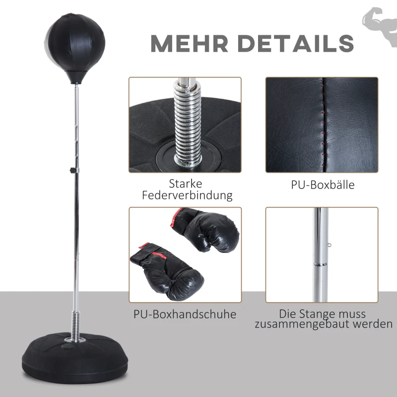 HOMCOM Boksset met Punchbal, Verstelbaar in Hoogte, Incl. Bokshandschoenen, 126-144cm, Zwart(m-7)