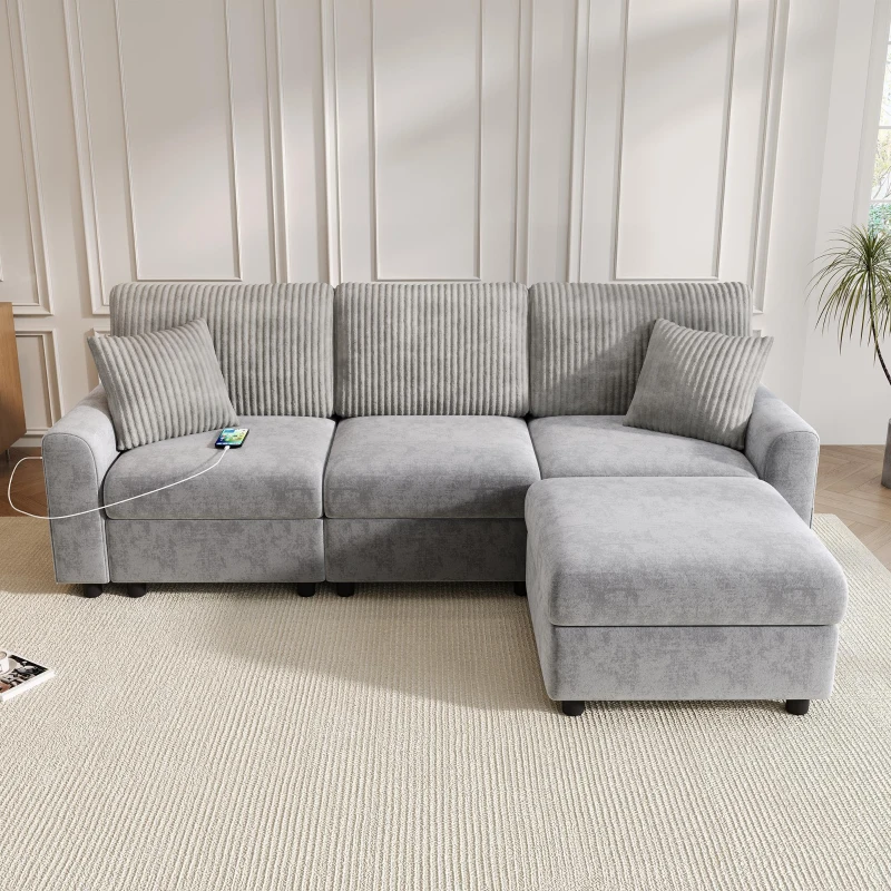 Divano moderno con pouf poggiapiedi, ricarica laterale doppia e 2 cuscini quadrati, 223x146x84 cm, Grigio