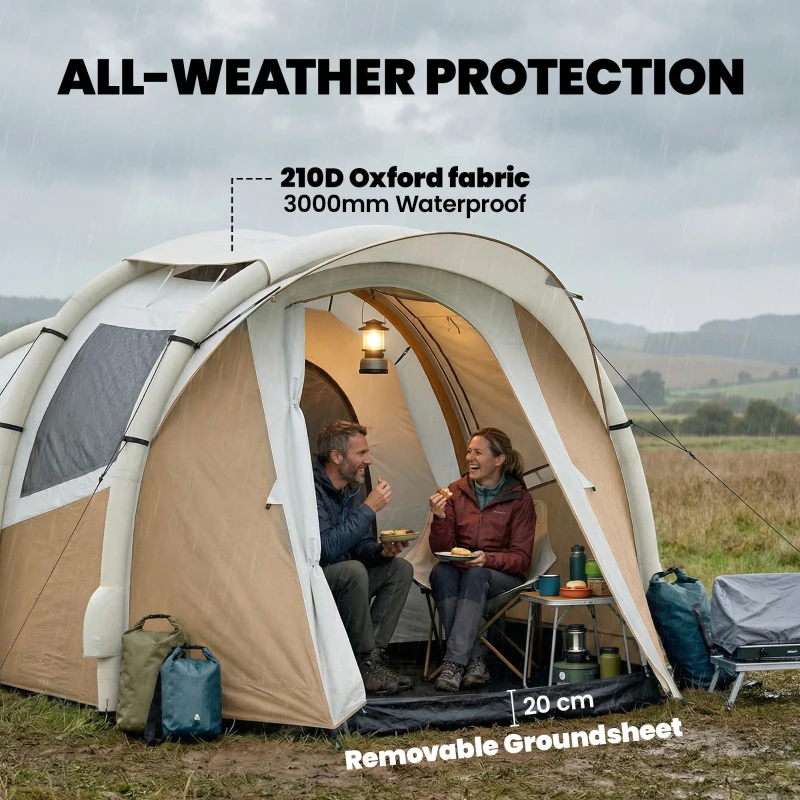 Outsunny Inflatable Camping Tent w/ Air Pump, Easy Setup 2-3 Person Blow Up Tent, Khaki