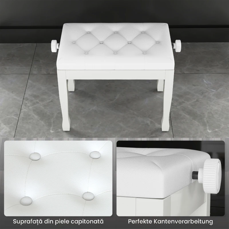 HOMCOM Banchetă de pian, banchetă pentru claviatură cu înălțime reglabilă din lemn masiv, șezut căptușit, 64 x 35 x 45-55 cm, alb
